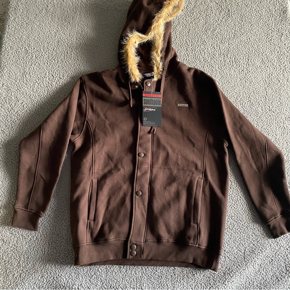 i  South Pole Chocolate Brown Jacket with Faux Fur Mens size L large